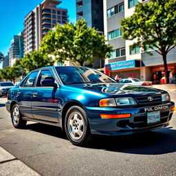 A stunning 1995 Toyota Corolla AE101 beautifully parked in an urban setting, with vibrant city life in the background