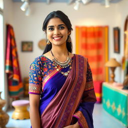 A stylish Indian woman wearing a colorful, intricately designed traditional blouse that is artfully draped and partially open, showcasing a beautiful cultural necklace