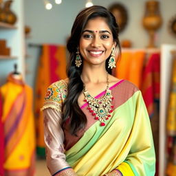 A stylish Indian woman wearing a colorful, intricately designed traditional blouse that is artfully draped and partially open, showcasing a beautiful cultural necklace