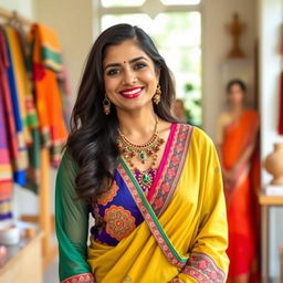 A stylish Indian woman wearing a colorful, intricately designed traditional blouse that is artfully draped and partially open, showcasing a beautiful cultural necklace