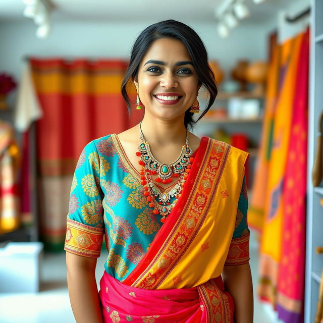 A stylish Indian woman wearing a colorful, intricately designed traditional blouse that is artfully draped and partially open, showcasing a beautiful cultural necklace