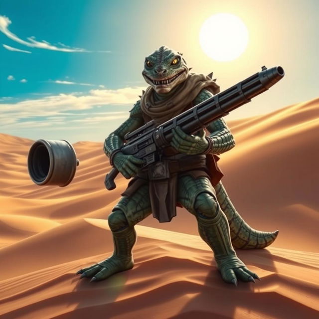 A formidable Trandoshan bounty hunter with a heavily scarred face and a vicious grin, brandishing a powerful heavy ion blaster, set against a stunning desert backdrop