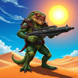 A formidable Trandoshan bounty hunter with a heavily scarred face and a vicious grin, brandishing a powerful heavy ion blaster, set against a stunning desert backdrop