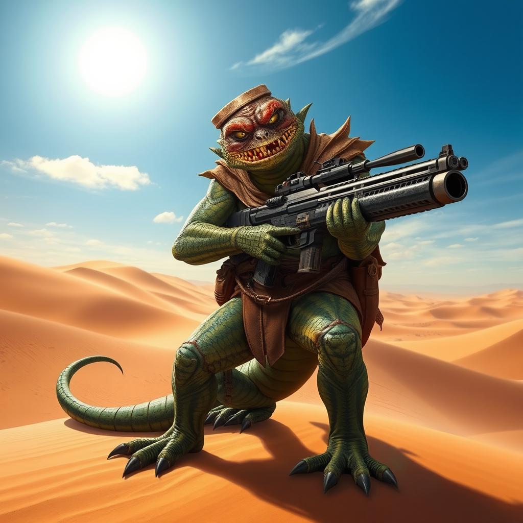 A formidable Trandoshan bounty hunter with a heavily scarred face and a vicious grin, brandishing a powerful heavy ion blaster, set against a stunning desert backdrop