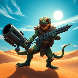 A formidable Trandoshan bounty hunter with a heavily scarred face and a vicious grin, brandishing a powerful heavy ion blaster, set against a stunning desert backdrop