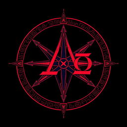 An elaborate symbol featuring an inverted cross that passes through the Alpha (Α) and Omega (Ω) letters, rendered in vibrant red or deep purple hues
