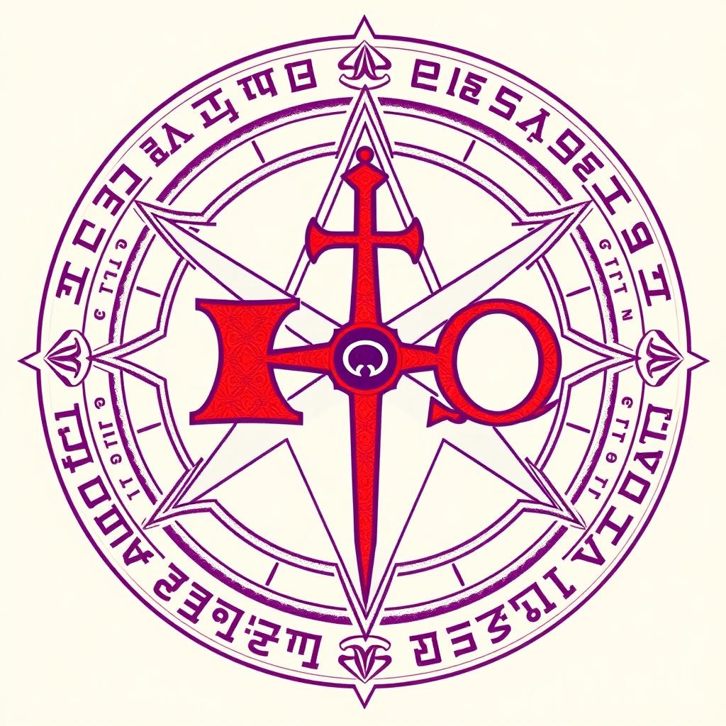 An elaborate symbol featuring an inverted cross that passes through the Alpha (Α) and Omega (Ω) letters, rendered in vibrant red or deep purple hues