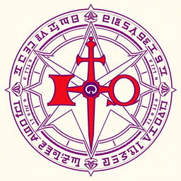 An elaborate symbol featuring an inverted cross that passes through the Alpha (Α) and Omega (Ω) letters, rendered in vibrant red or deep purple hues