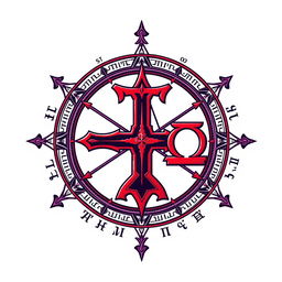 An elaborate symbol featuring an inverted cross that passes through the Alpha (Α) and Omega (Ω) letters, rendered in vibrant red or deep purple hues