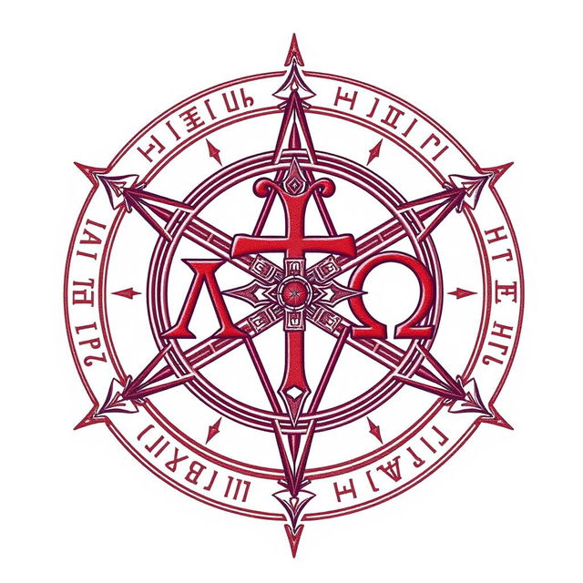 An elaborate symbol featuring an inverted cross that passes through the Alpha (Α) and Omega (Ω) letters, rendered in vibrant red or deep purple hues