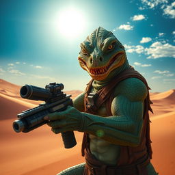 An intimidating Trandoshan bounty hunter with a heavily scarred face and a vicious sneer, holding a powerful heavy ion blaster, set against a dramatic desert backdrop