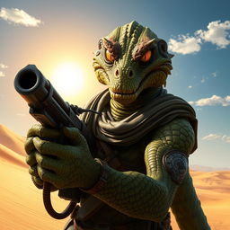 An intimidating Trandoshan bounty hunter with a heavily scarred face and a vicious sneer, holding a powerful heavy ion blaster, set against a dramatic desert backdrop