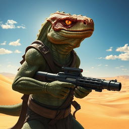 An intimidating Trandoshan bounty hunter with a heavily scarred face and a vicious sneer, holding a powerful heavy ion blaster, set against a dramatic desert backdrop