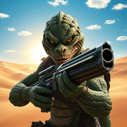An intimidating Trandoshan bounty hunter with a heavily scarred face and a vicious sneer, holding a powerful heavy ion blaster, set against a dramatic desert backdrop