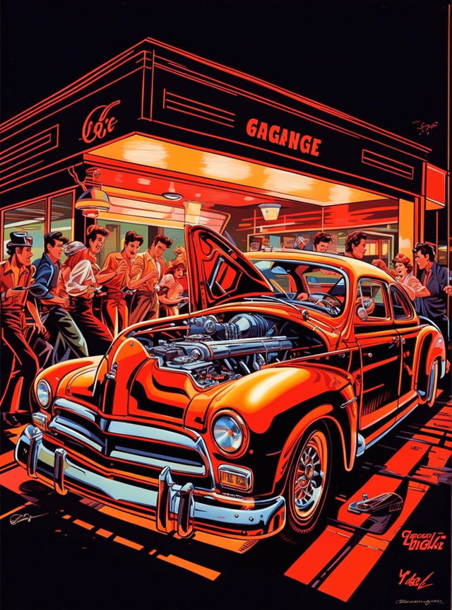 A vibrant, comic-style digital art image depicting a scene from 'Grease' with the iconic 'Grease Lightning' car in a 1950s setting