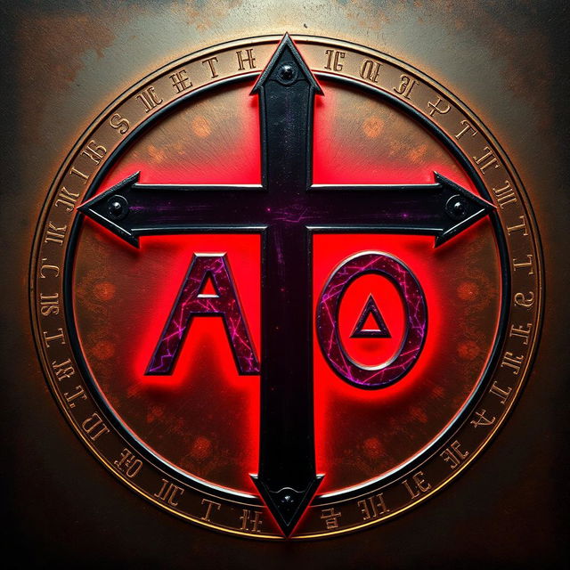 A mystical symbol composed of an inverted cross that centrally intersects a large entwined Alpha (Α) and Omega (Ω), both dyed in deep red tones with shimmering purple highlights that appear to vibrate with luminous energy