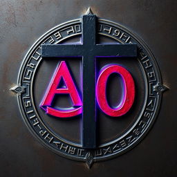A mystical symbol composed of an inverted cross that centrally intersects a large entwined Alpha (Α) and Omega (Ω), both dyed in deep red tones with shimmering purple highlights that appear to vibrate with luminous energy