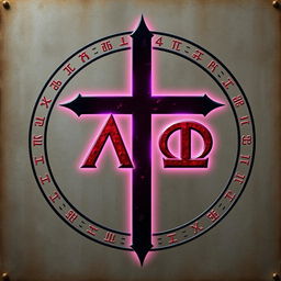 A mystical symbol composed of an inverted cross that centrally intersects a large entwined Alpha (Α) and Omega (Ω), both dyed in deep red tones with shimmering purple highlights that appear to vibrate with luminous energy
