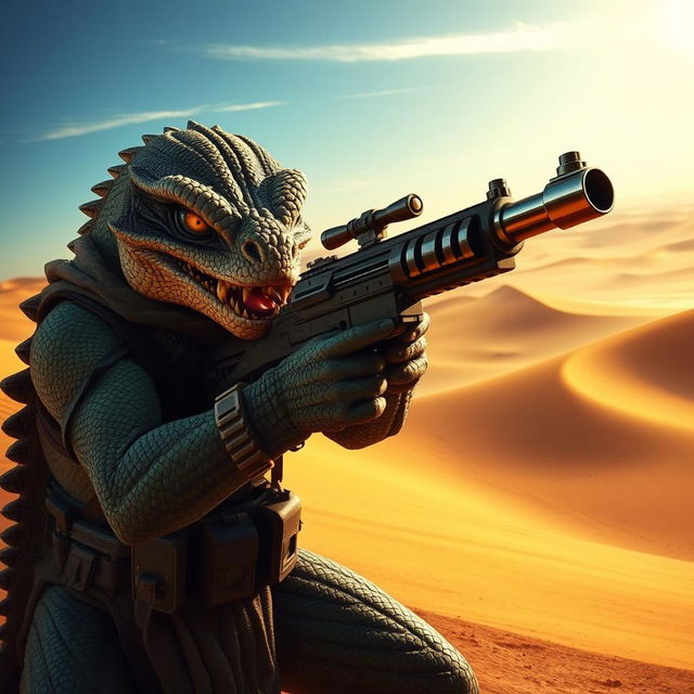 A fierce Trandoshan bounty hunter with a heavily scarred face and a vicious snarl, wielding a powerful heavy repeating blaster rifle, set against a striking desert backdrop