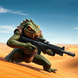 A fierce Trandoshan bounty hunter with a heavily scarred face and a vicious snarl, wielding a powerful heavy repeating blaster rifle, set against a striking desert backdrop