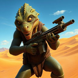 A fierce Trandoshan bounty hunter with a heavily scarred face and a vicious snarl, wielding a powerful heavy repeating blaster rifle, set against a striking desert backdrop