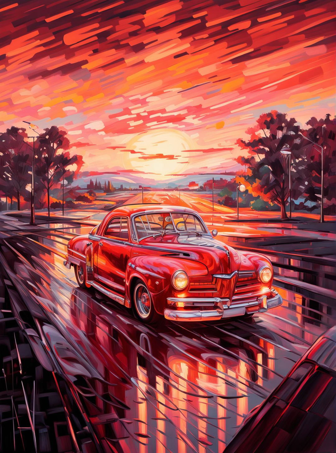 An ultra-detailed, impressionistic painting of the 'Grease Lightning' car set against a brilliant sunset sky