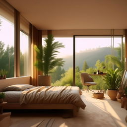 Design an aesthetically pleasing room with a modern style. The room should have a comfortable bed, a wooden desk with a chair, a plant in the corner, and a large window with a view outside.