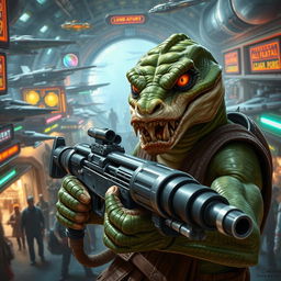 A menacing Trandoshan bounty hunter with a heavily scarred face and a vicious snarl, gripping a heavy Blastech repeating blaster rifle