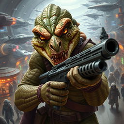 A menacing Trandoshan bounty hunter with a heavily scarred face and a vicious snarl, gripping a heavy Blastech repeating blaster rifle