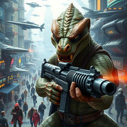 A menacing Trandoshan bounty hunter with a heavily scarred face and a vicious snarl, gripping a heavy Blastech repeating blaster rifle
