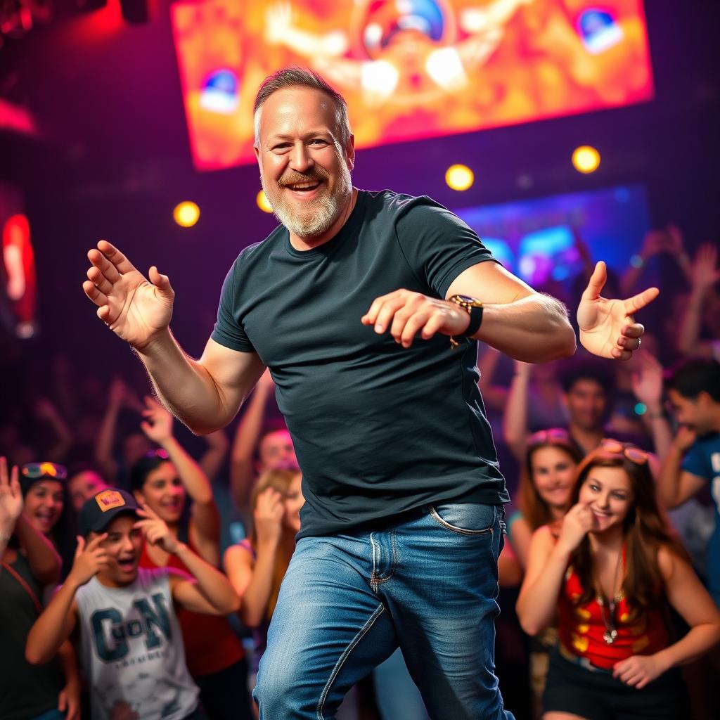 A vibrant and dynamic scene featuring Joe Rogan, a popular podcaster and comedian, dancing energetically in a lively atmosphere