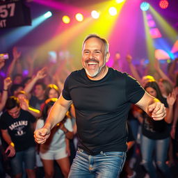 A vibrant and dynamic scene featuring Joe Rogan, a popular podcaster and comedian, dancing energetically in a lively atmosphere