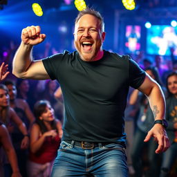 A vibrant and dynamic scene featuring Joe Rogan, a popular podcaster and comedian, dancing energetically in a lively atmosphere