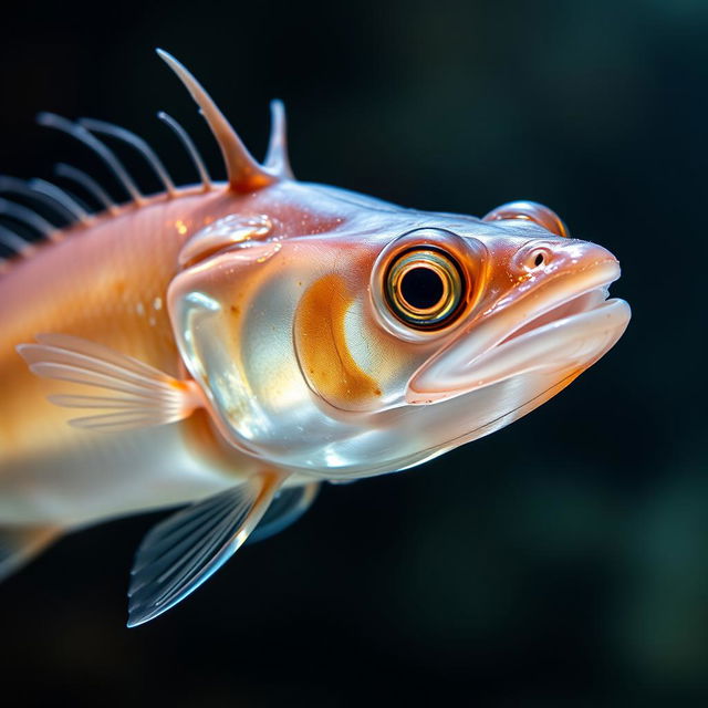 A highly detailed close-up of a candiru fish, showcasing its unique features such as its elongated body, sharp spines, and translucent skin