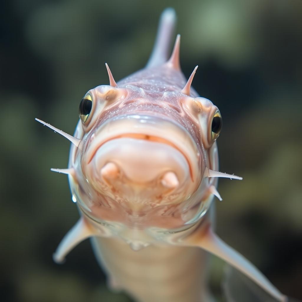 A highly detailed close-up of a candiru fish, showcasing its unique features such as its elongated body, sharp spines, and translucent skin