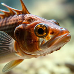 A highly detailed close-up of a candiru fish, showcasing its unique features such as its elongated body, sharp spines, and translucent skin
