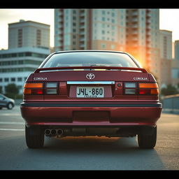 A classic 1995 Toyota Corolla AE101 captured from a rear view perspective, showcasing the sleek lines and iconic design of this compact car