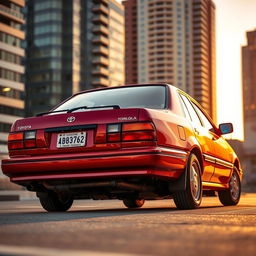 A classic 1995 Toyota Corolla AE101 captured from a rear view perspective, showcasing the sleek lines and iconic design of this compact car