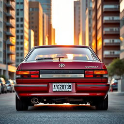 A classic 1995 Toyota Corolla AE101 captured from a rear view perspective, showcasing the sleek lines and iconic design of this compact car