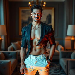 A stylish and alluring depiction of a male model inspired by Megan Fox, posing confidently in a fashionable manner
