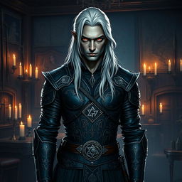 A striking male Drow assassin, dressed elegantly in dark leather armor adorned with intricate silver patterns and mysterious runes, stands confidently in the center of his lavish guildhall