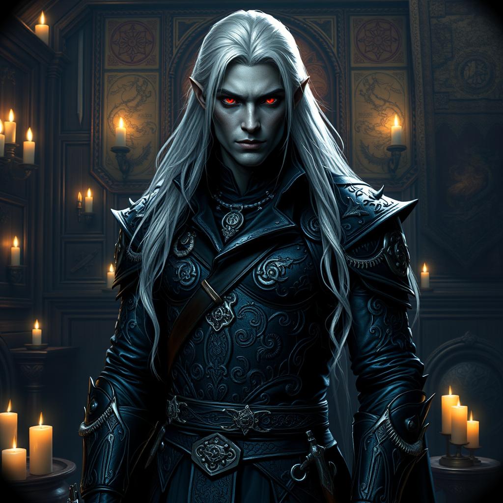 A striking male Drow assassin, dressed elegantly in dark leather armor adorned with intricate silver patterns and mysterious runes, stands confidently in the center of his lavish guildhall