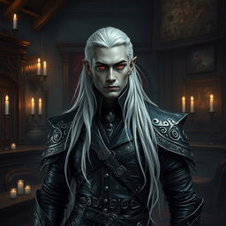 A striking male Drow assassin, dressed elegantly in dark leather armor adorned with intricate silver patterns and mysterious runes, stands confidently in the center of his lavish guildhall