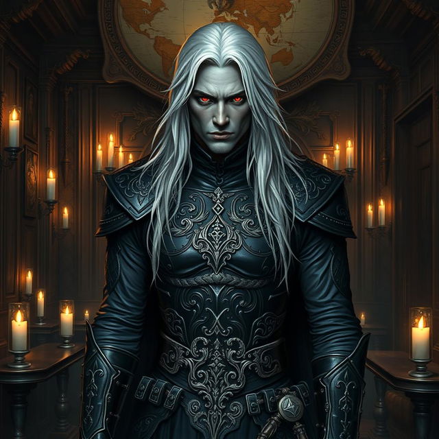 A striking male Drow assassin, dressed elegantly in dark leather armor adorned with intricate silver patterns and mysterious runes, stands confidently in the center of his lavish guildhall