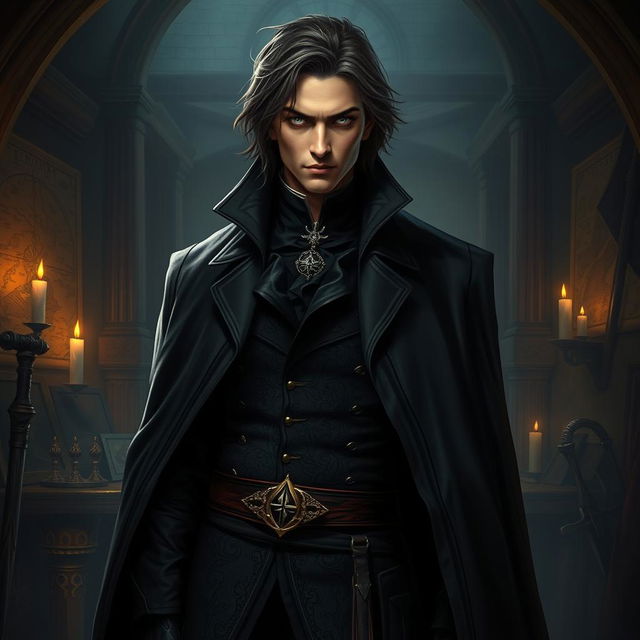 A male assassin guild master, dressed in dark, elegant attire that blends with the shadows