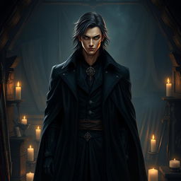 A male assassin guild master, dressed in dark, elegant attire that blends with the shadows