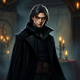 A male assassin guild master, dressed in dark, elegant attire that blends with the shadows