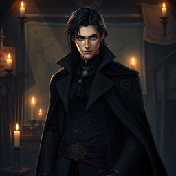 A male assassin guild master, dressed in dark, elegant attire that blends with the shadows
