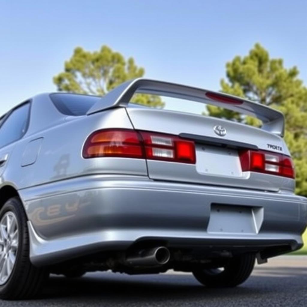 A rear view of a 1997 Toyota Corolla AE101, featuring a stylish ducktail spoiler that rises just above the rear lights, enhancing the sporty look of the vehicle