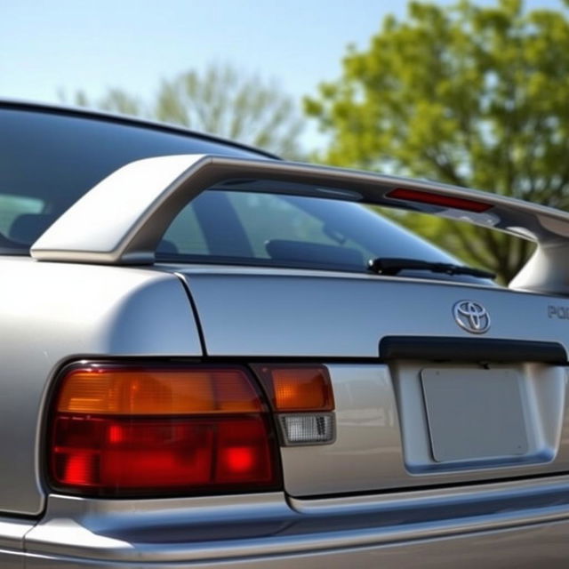 A rear view of a 1997 Toyota Corolla AE101, featuring a stylish ducktail spoiler that rises just above the rear lights, enhancing the sporty look of the vehicle